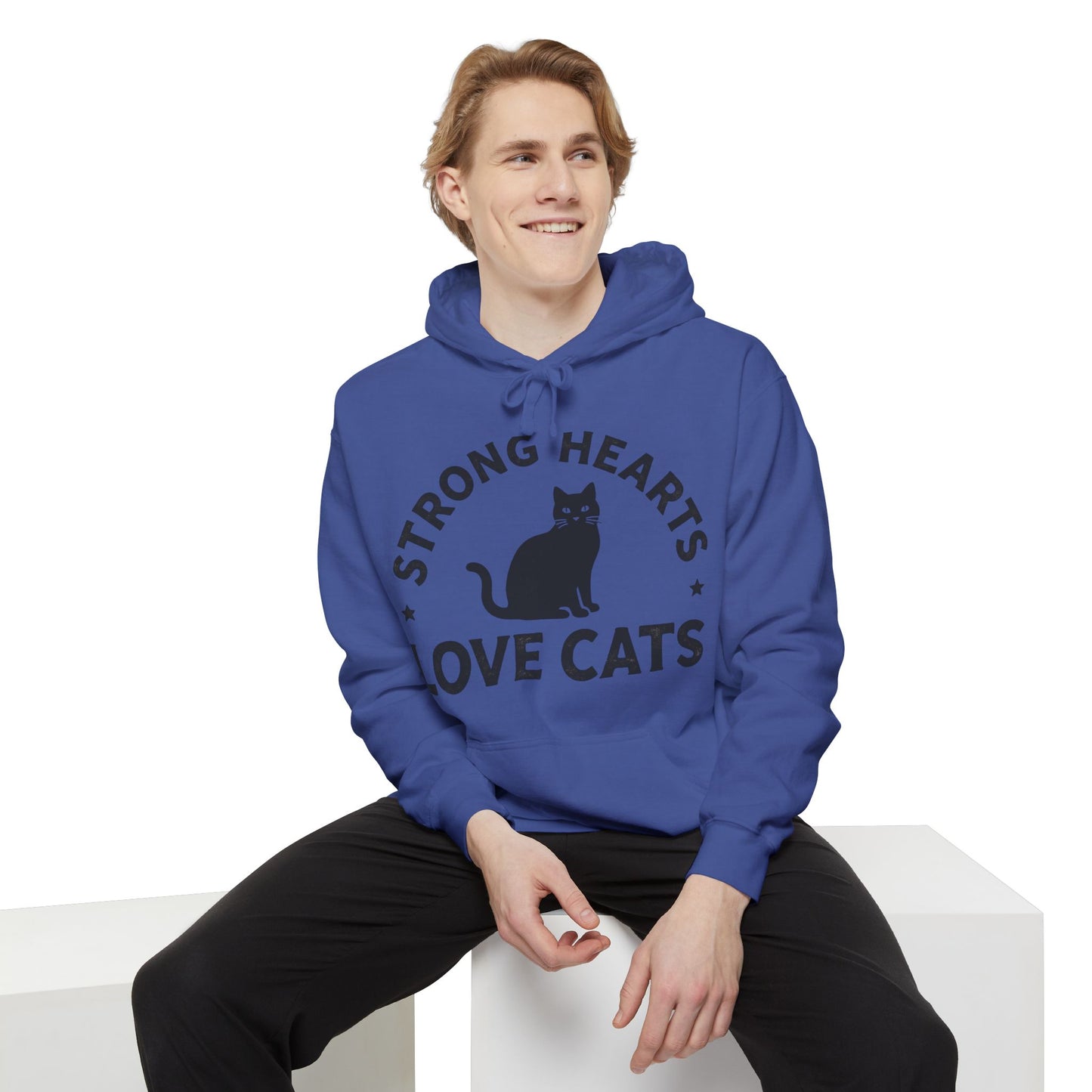 Strong Hearts Love Cats Hoodie – Bold Vintage Cat Graphic Pullover