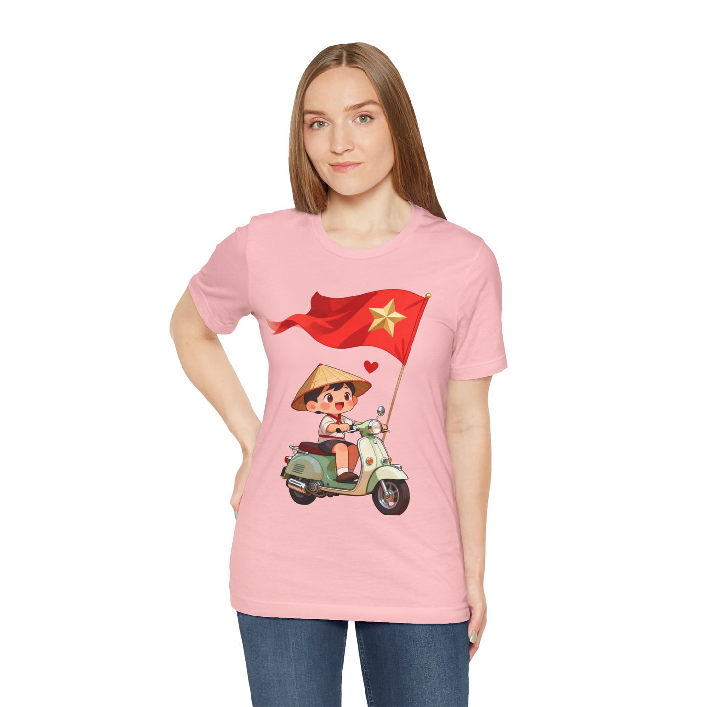 intage Vespa Rider Tee – Adorable Kid & Star Flag Illustration, Travel-Style Vietnam Graphic Shirt