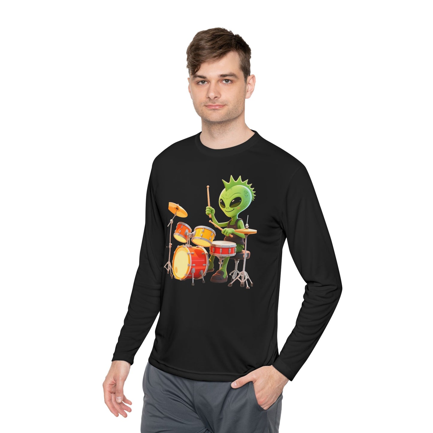 Groovy Alien Drummer Long Sleeve – Cute Green Space Creature Playing Drums Graphic Shirt