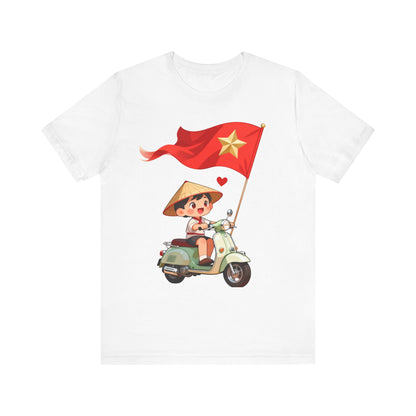 intage Vespa Rider Tee – Adorable Kid & Star Flag Illustration, Travel-Style Vietnam Graphic Shirt