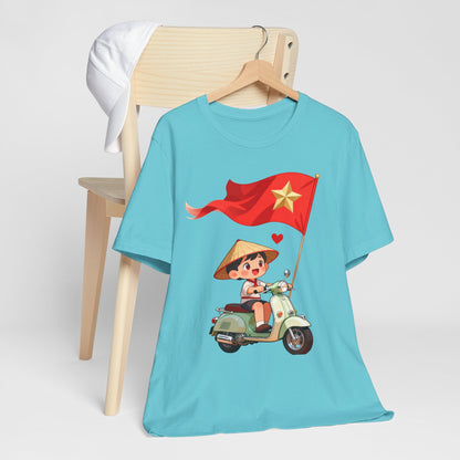 intage Vespa Rider Tee – Adorable Kid & Star Flag Illustration, Travel-Style Vietnam Graphic Shirt