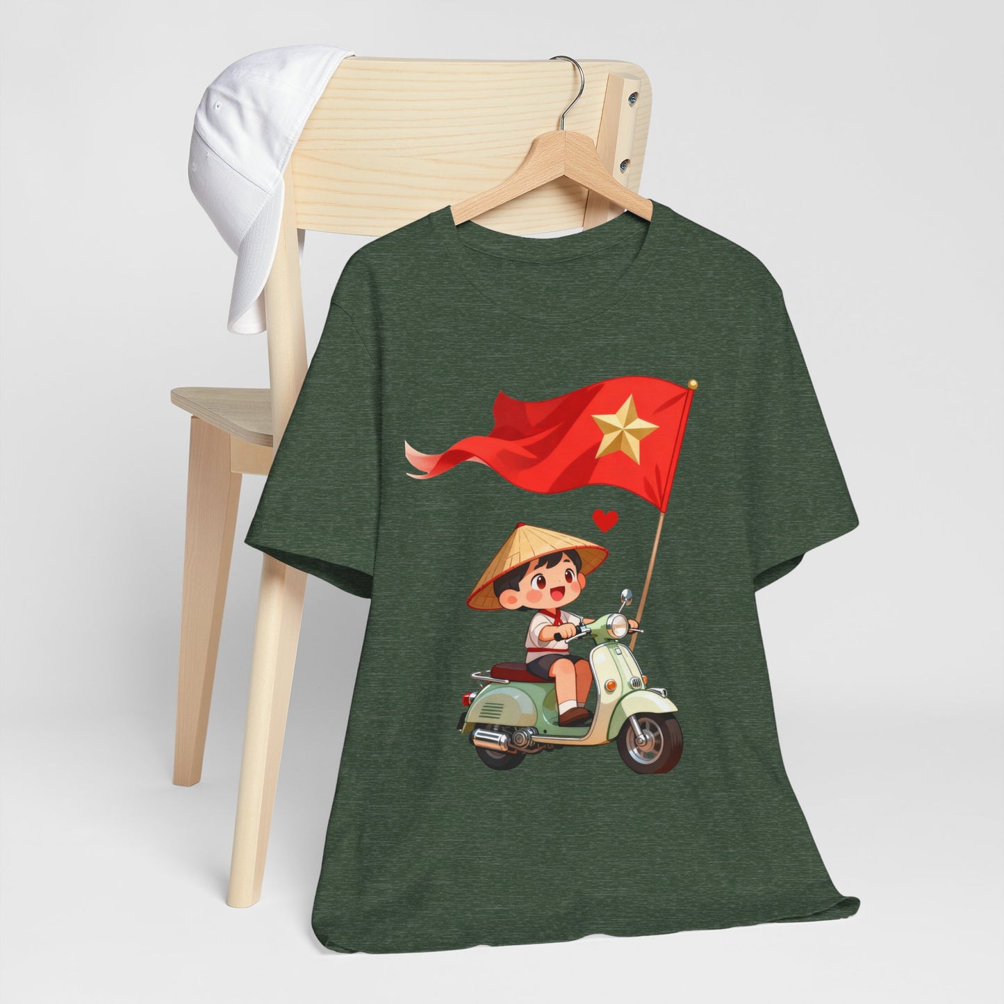 intage Vespa Rider Tee – Adorable Kid & Star Flag Illustration, Travel-Style Vietnam Graphic Shirt