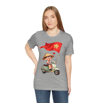 intage Vespa Rider Tee – Adorable Kid & Star Flag Illustration, Travel-Style Vietnam Graphic Shirt
