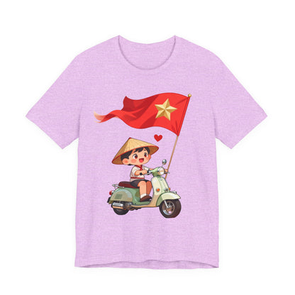 intage Vespa Rider Tee – Adorable Kid & Star Flag Illustration, Travel-Style Vietnam Graphic Shirt