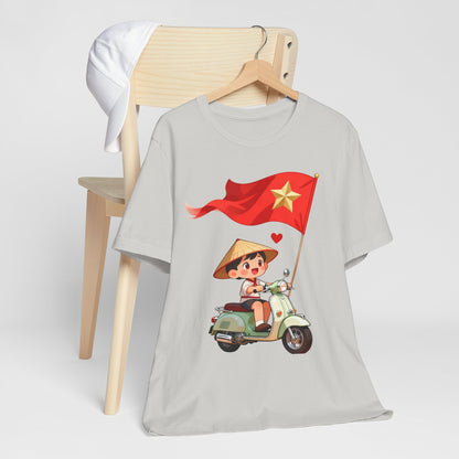 intage Vespa Rider Tee – Adorable Kid & Star Flag Illustration, Travel-Style Vietnam Graphic Shirt