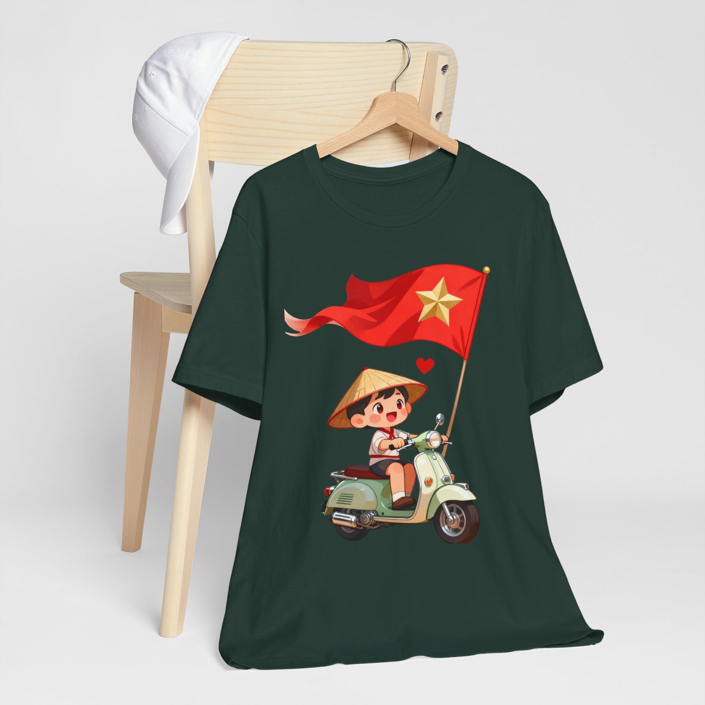 intage Vespa Rider Tee – Adorable Kid & Star Flag Illustration, Travel-Style Vietnam Graphic Shirt