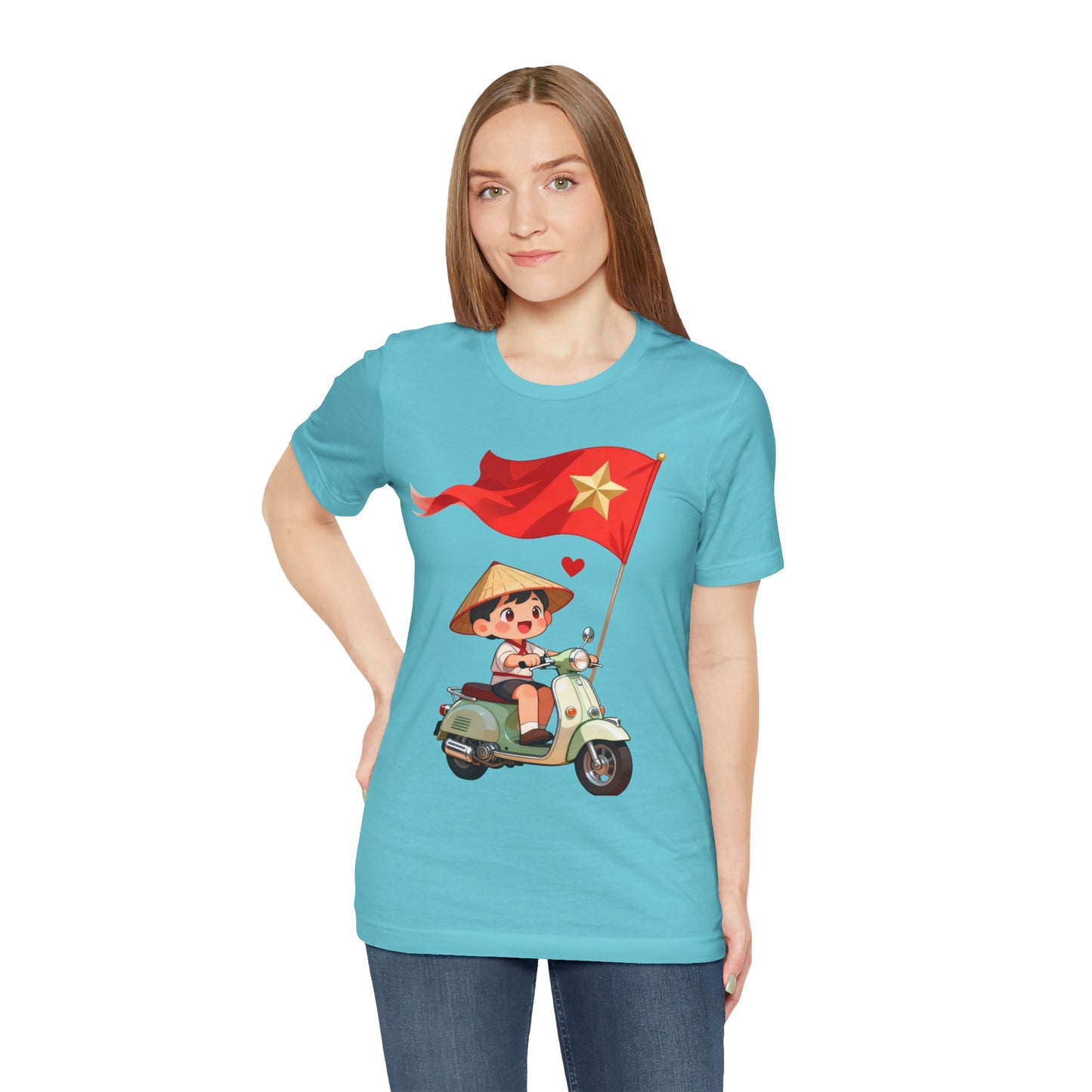 intage Vespa Rider Tee – Adorable Kid & Star Flag Illustration, Travel-Style Vietnam Graphic Shirt