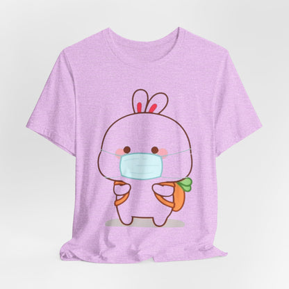 Playful Bunny in Mask T-Shirt – Adorable Carrot-Loving Rabbit Cartoon Design