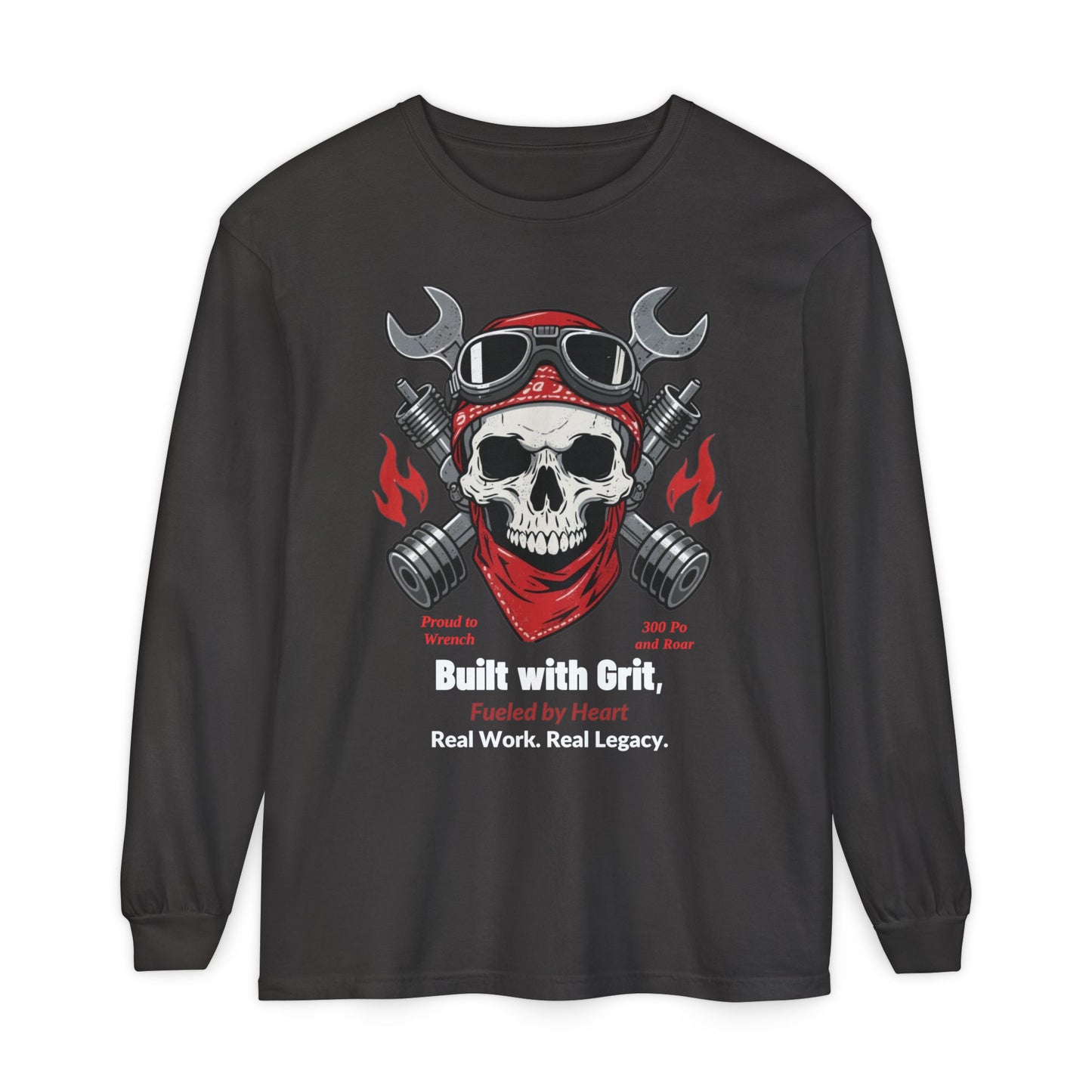 Grease & Glory Long Sleeve Shirt – Gritty Mechanic Skull Graphic Tee for Hardworking Hands