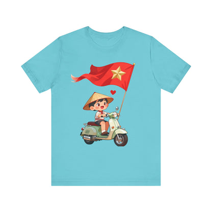 intage Vespa Rider Tee – Adorable Kid & Star Flag Illustration, Travel-Style Vietnam Graphic Shirt