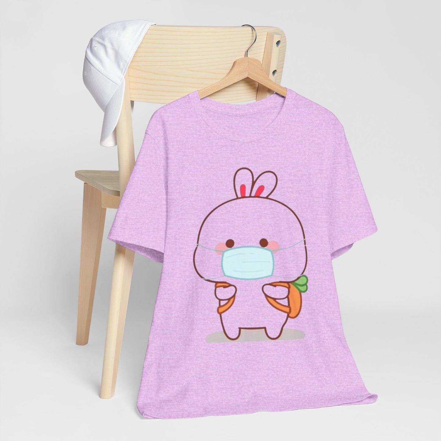 Playful Bunny in Mask T-Shirt – Adorable Carrot-Loving Rabbit Cartoon Design
