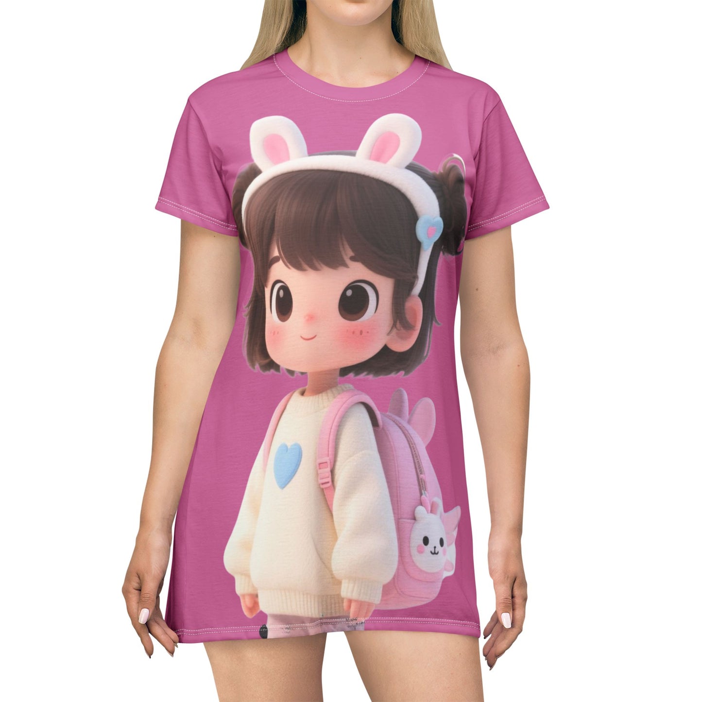 Pink Bunny Character T-Shirt Dress – Soft, Playful AOP Style for Cute Everyday Wear