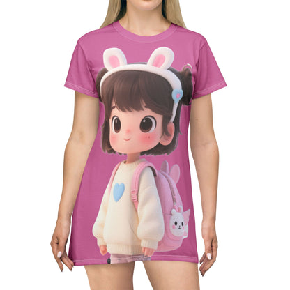 Pink Bunny Character T-Shirt Dress – Soft, Playful AOP Style for Cute Everyday Wear