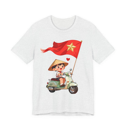 intage Vespa Rider Tee – Adorable Kid & Star Flag Illustration, Travel-Style Vietnam Graphic Shirt
