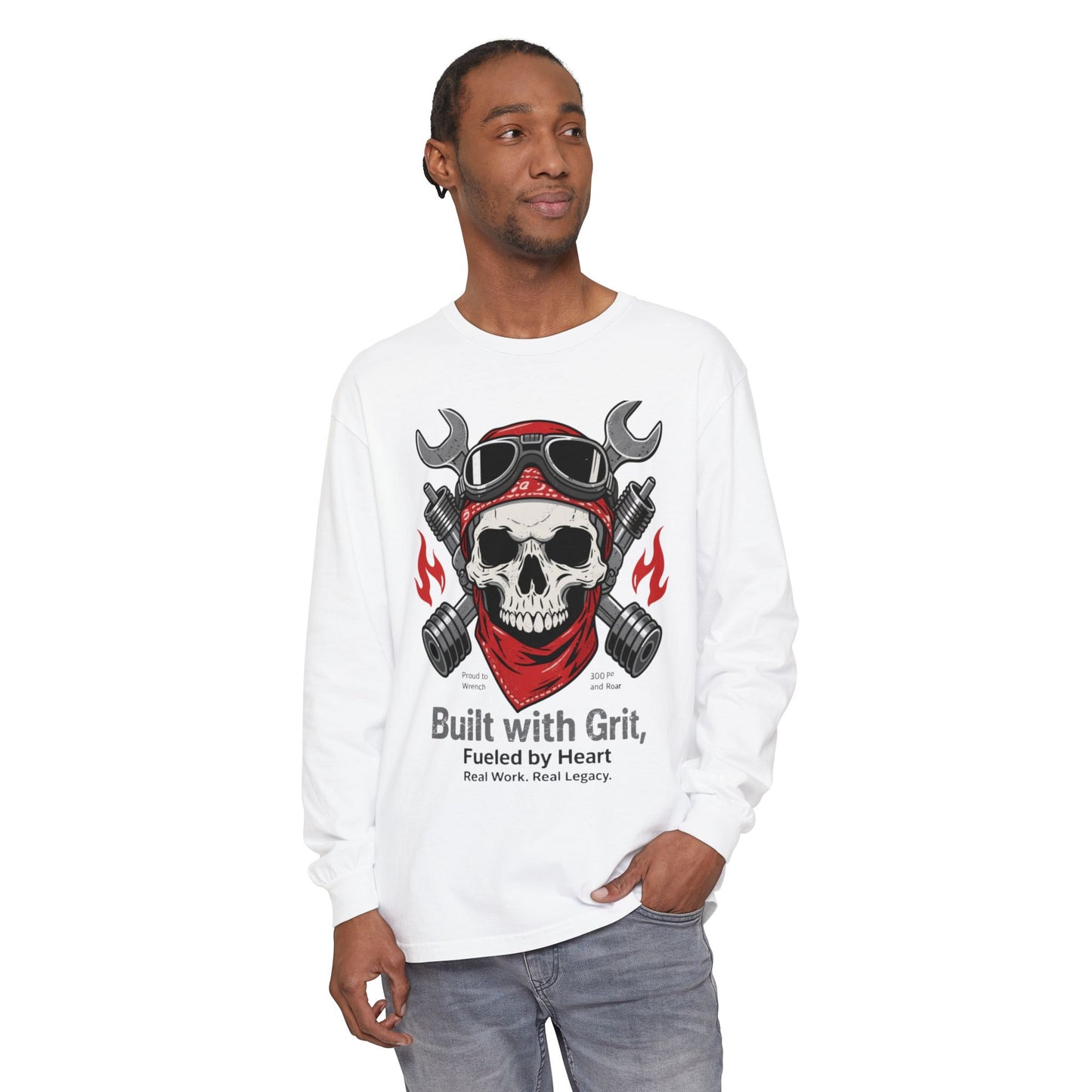 Hard Work Heritage Long Sleeve – Rugged Skull Graphic Tee for Tough Guys & Craftsmen