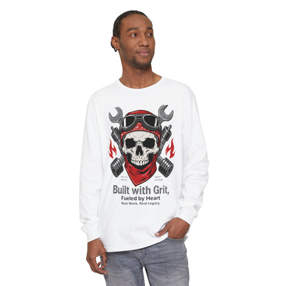 Hard Work Heritage Long Sleeve – Rugged Skull Graphic Tee for Tough Guys & Craftsmen