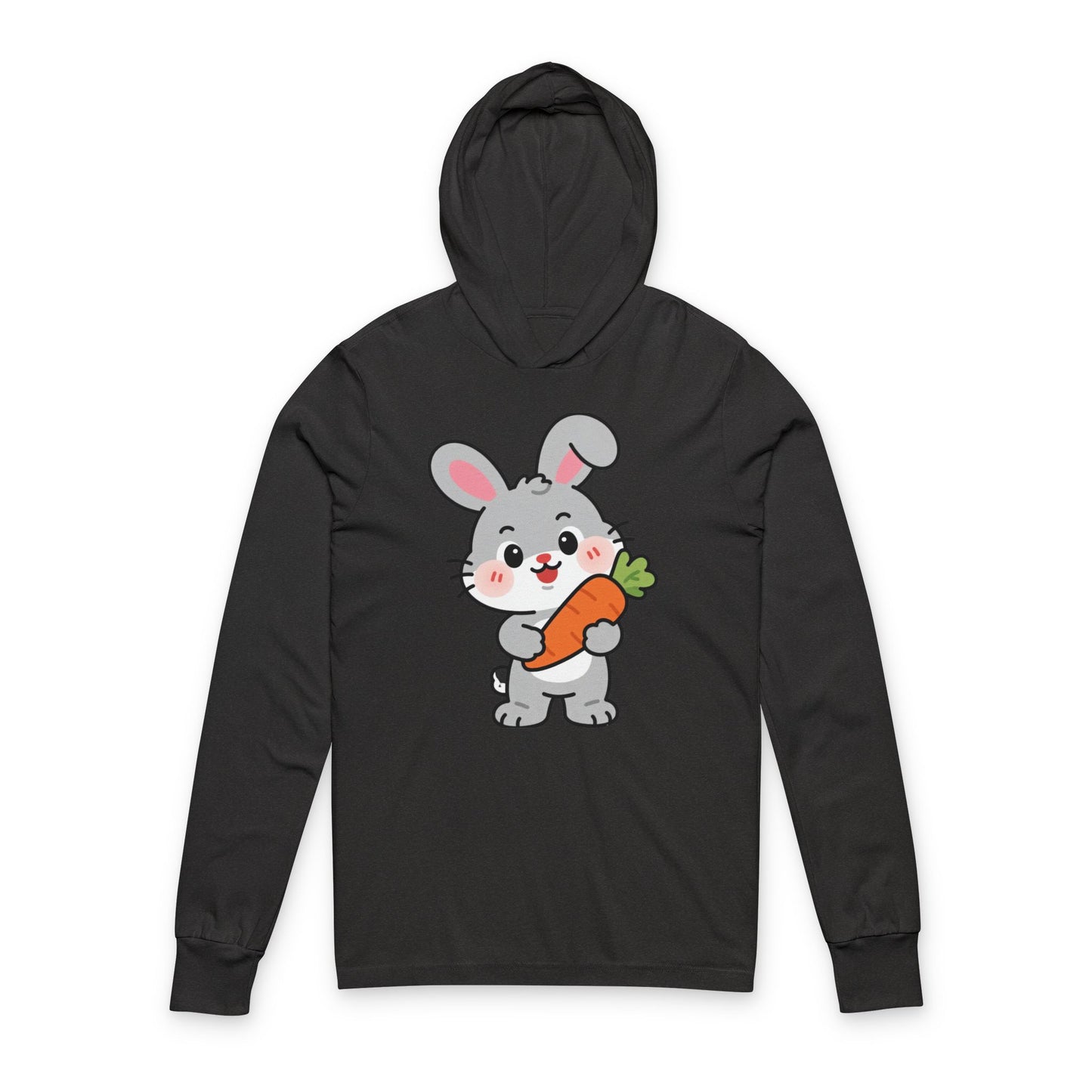 Adorable Bunny Holding Carrot Long Sleeve Hoodie Tee – Soft Cartoon Rabbit Design