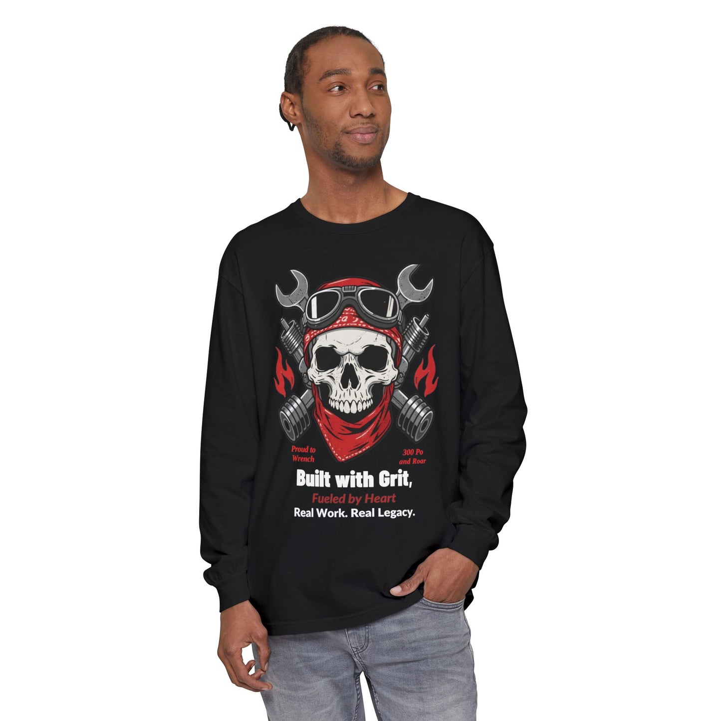 Grease & Glory Long Sleeve Shirt – Gritty Mechanic Skull Graphic Tee for Hardworking Hands