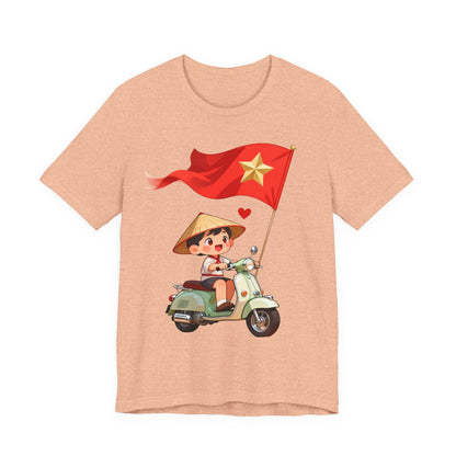intage Vespa Rider Tee – Adorable Kid & Star Flag Illustration, Travel-Style Vietnam Graphic Shirt