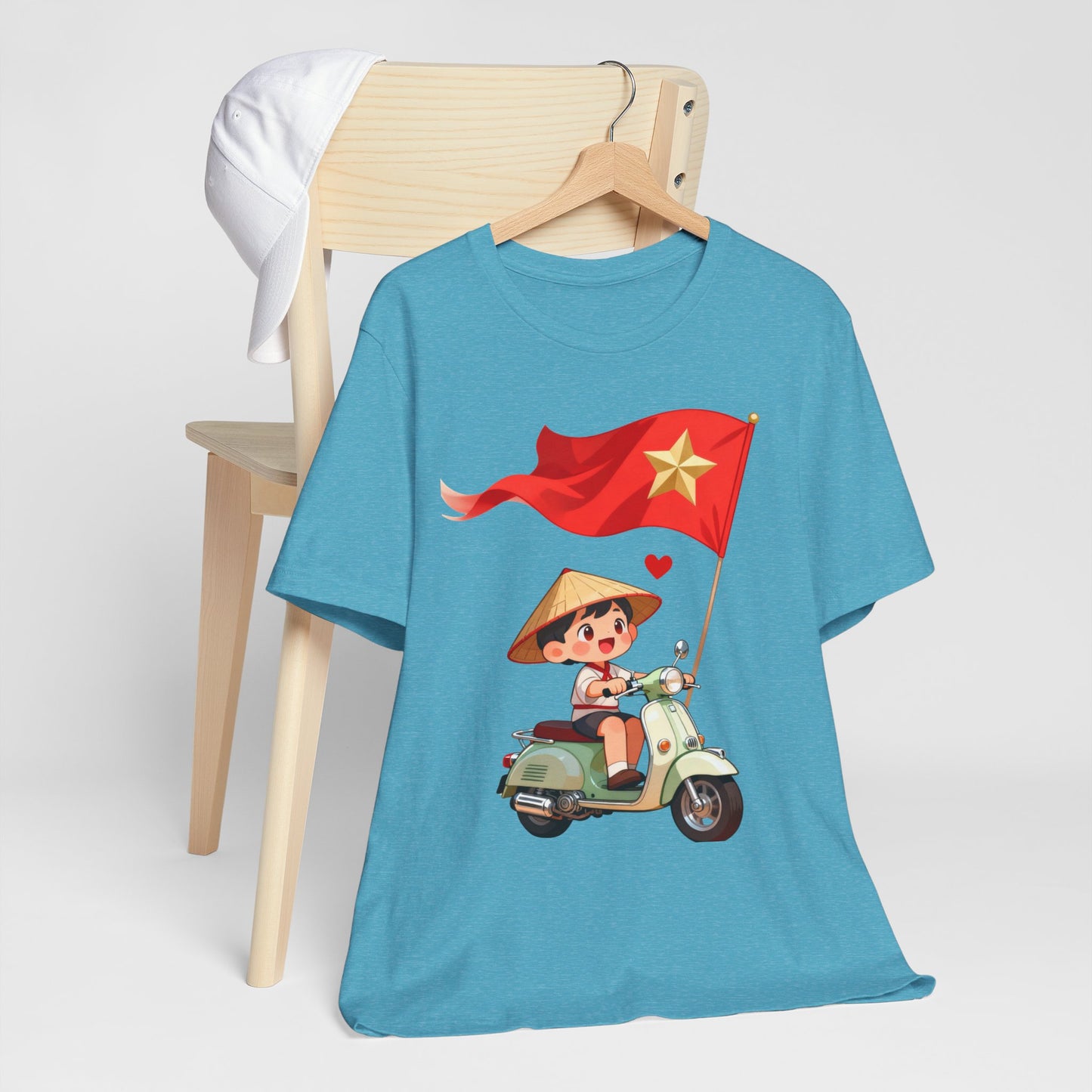 intage Vespa Rider Tee – Adorable Kid & Star Flag Illustration, Travel-Style Vietnam Graphic Shirt