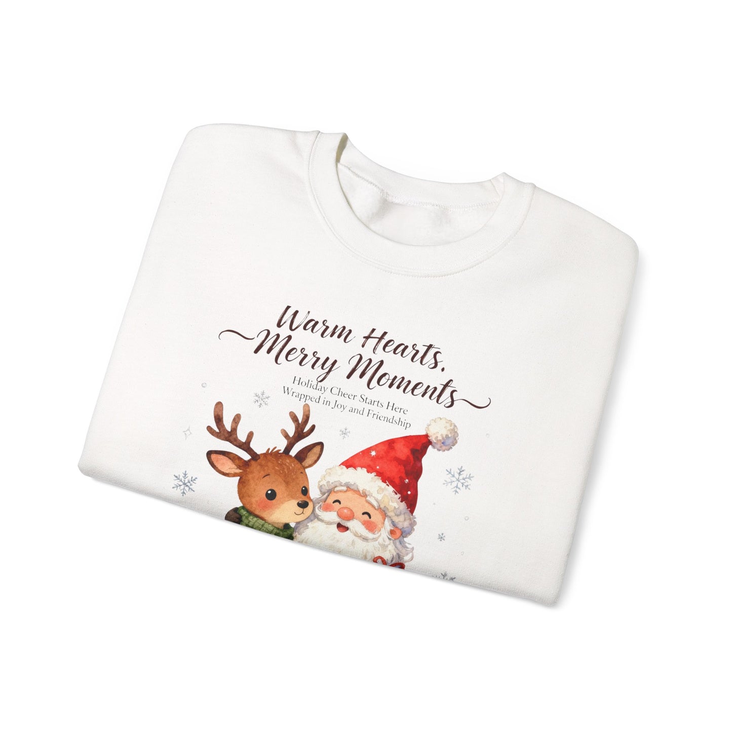 Cozy Christmas Sweatshirt – “Warm Hearts, Merry Moments” Santa & Reindeer Holiday Pullover for Festive Cheer