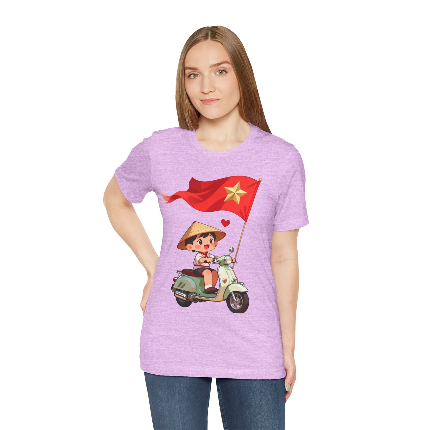 intage Vespa Rider Tee – Adorable Kid & Star Flag Illustration, Travel-Style Vietnam Graphic Shirt