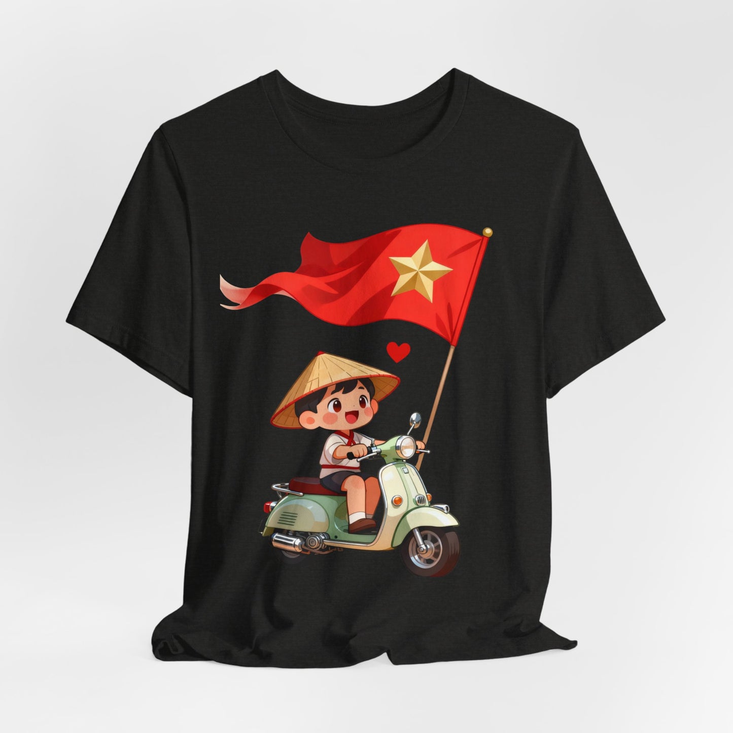 intage Vespa Rider Tee – Adorable Kid & Star Flag Illustration, Travel-Style Vietnam Graphic Shirt