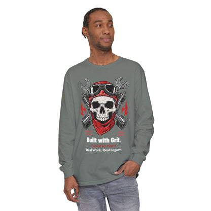 Grease & Glory Long Sleeve Shirt – Gritty Mechanic Skull Graphic Tee for Hardworking Hands