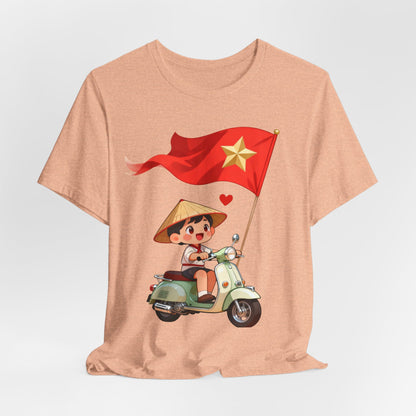 intage Vespa Rider Tee – Adorable Kid & Star Flag Illustration, Travel-Style Vietnam Graphic Shirt