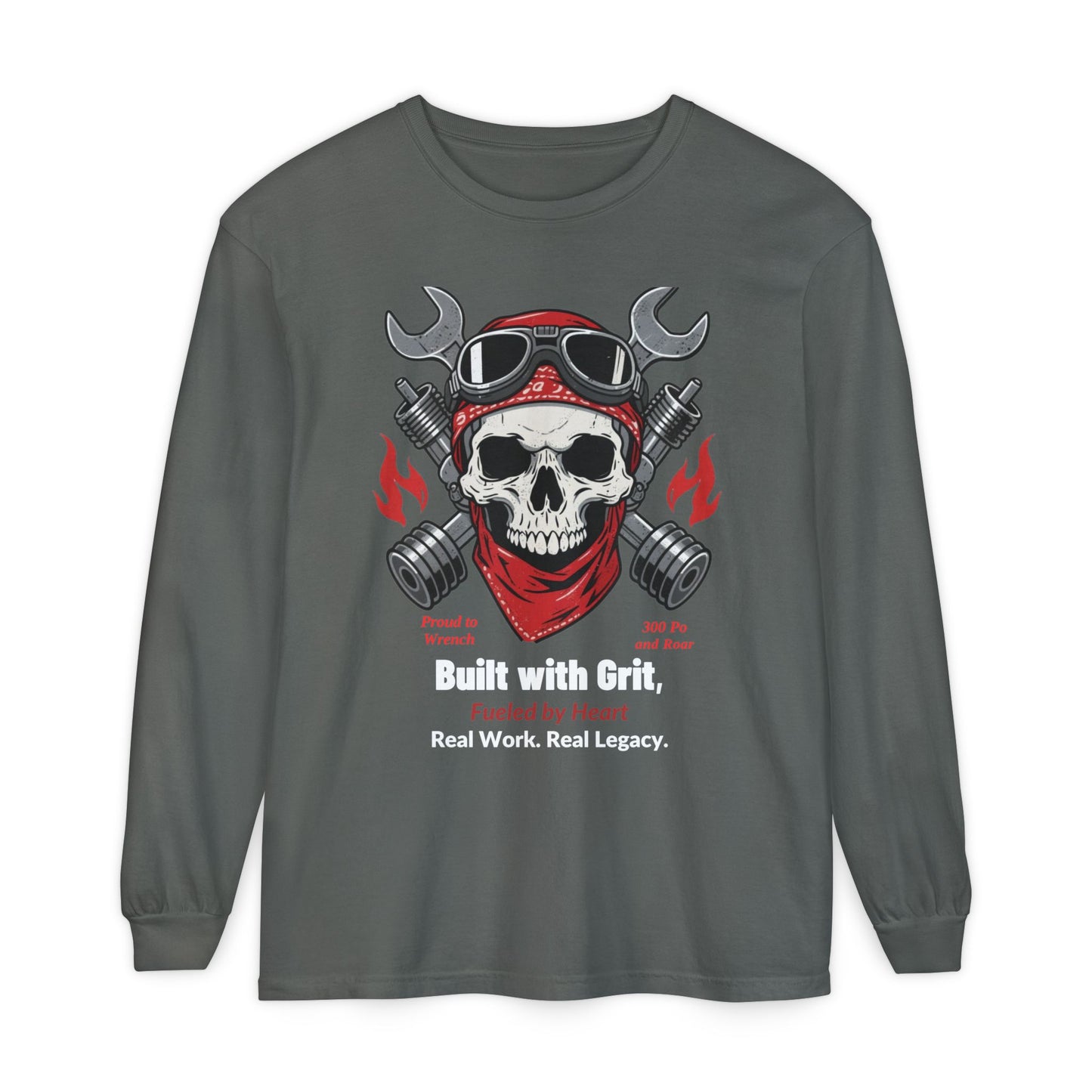 Grease & Glory Long Sleeve Shirt – Gritty Mechanic Skull Graphic Tee for Hardworking Hands