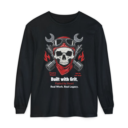 Grease & Glory Long Sleeve Shirt – Gritty Mechanic Skull Graphic Tee for Hardworking Hands