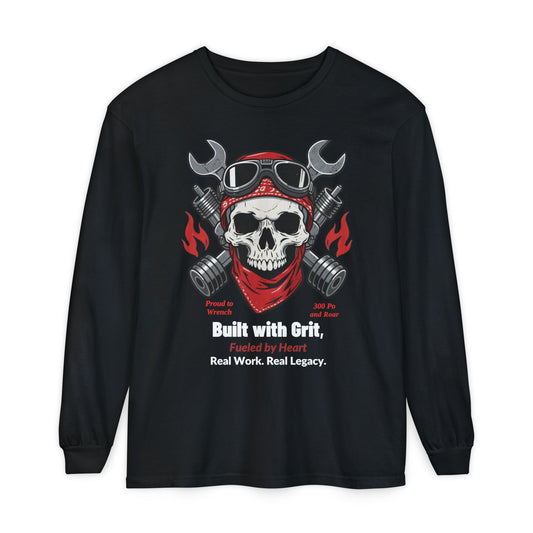 Grease & Glory Long Sleeve Shirt – Gritty Mechanic Skull Graphic Tee for Hardworking Hands