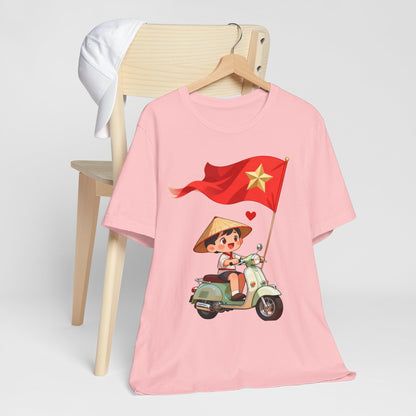 intage Vespa Rider Tee – Adorable Kid & Star Flag Illustration, Travel-Style Vietnam Graphic Shirt