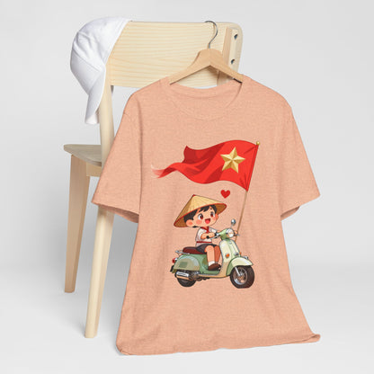 intage Vespa Rider Tee – Adorable Kid & Star Flag Illustration, Travel-Style Vietnam Graphic Shirt