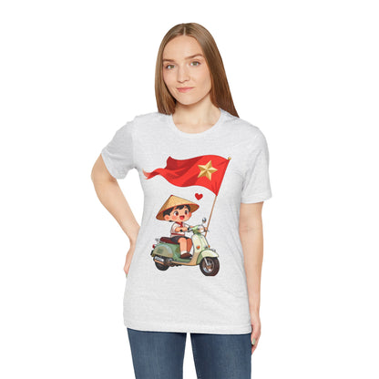 intage Vespa Rider Tee – Adorable Kid & Star Flag Illustration, Travel-Style Vietnam Graphic Shirt