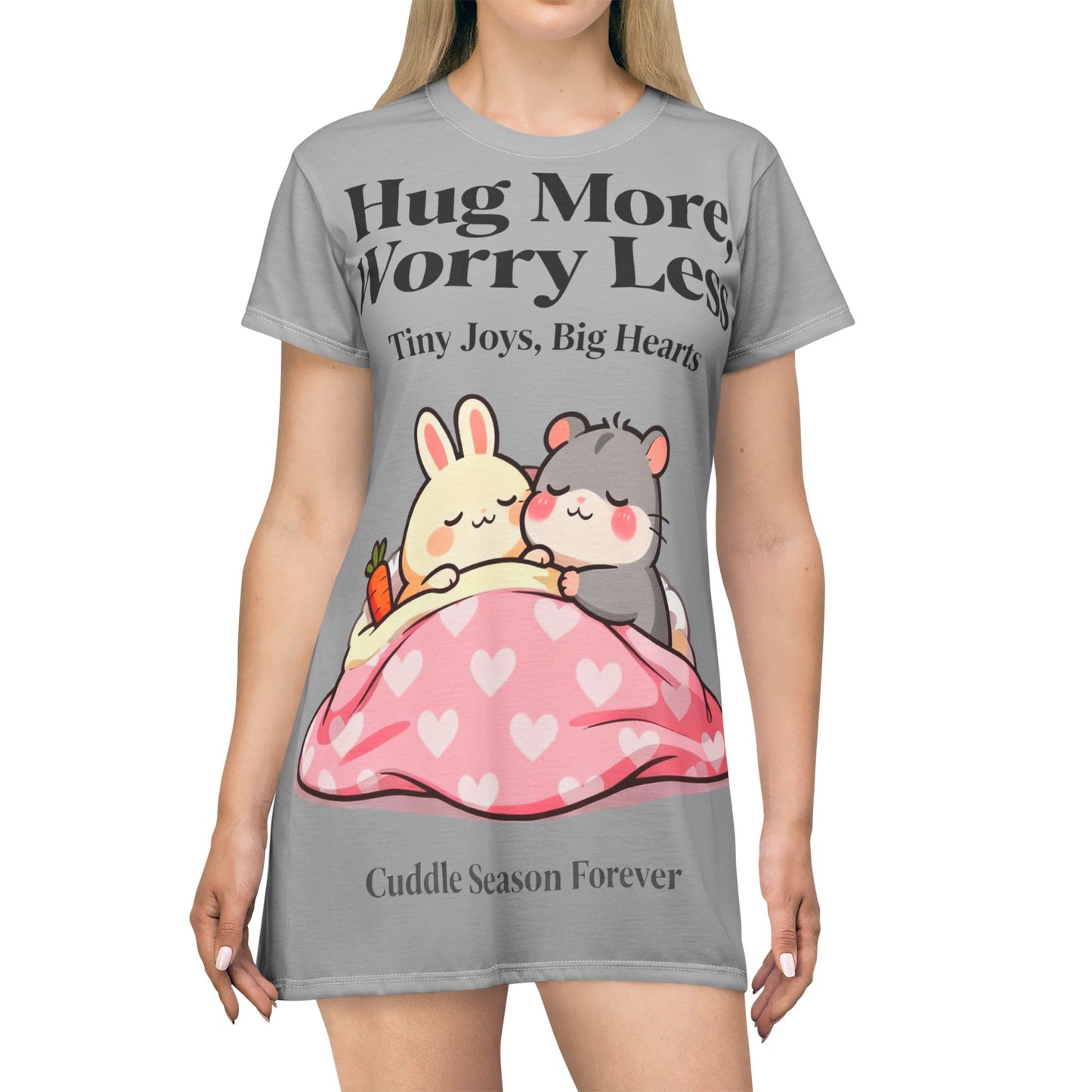 Cozy Cuddle Friends T-Shirt Dress – Cute Bunny & Hamster Graphic for Soft, Feel-Good Style