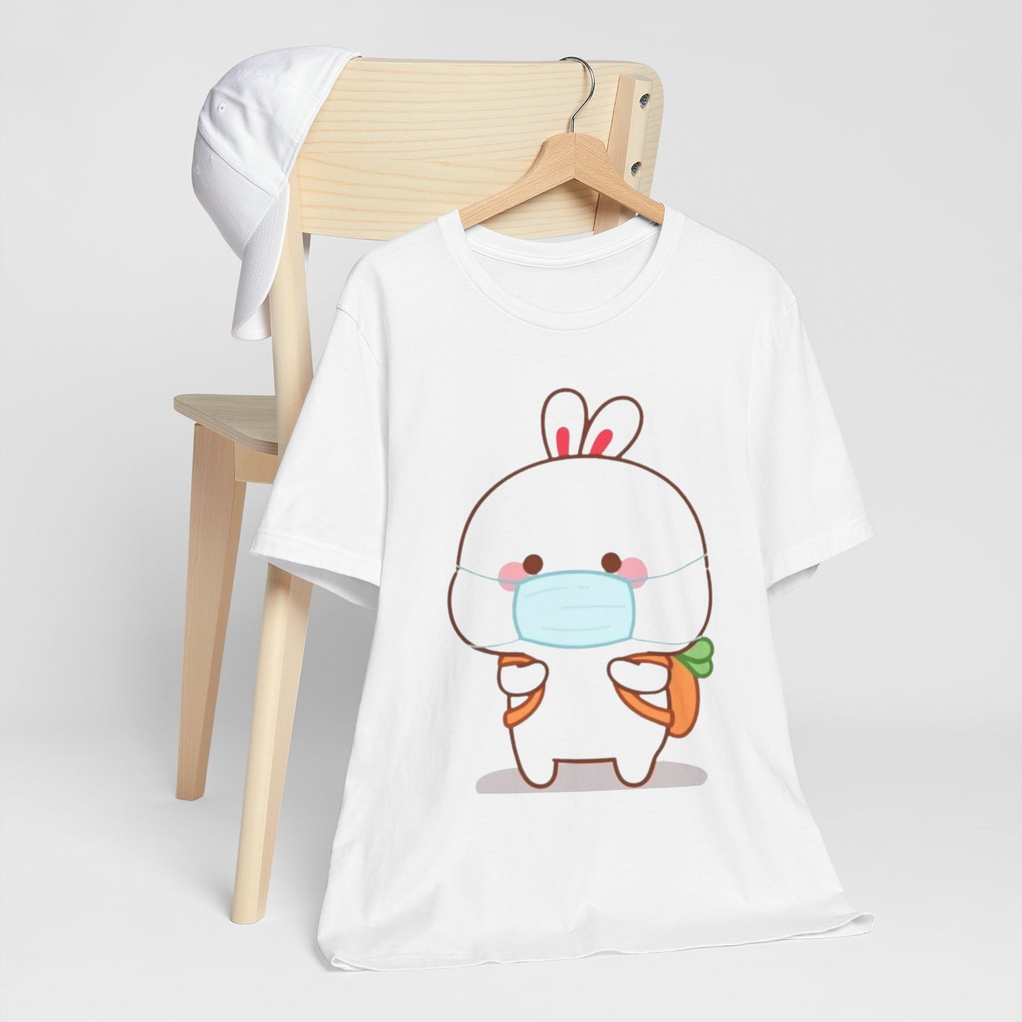 Playful Bunny in Mask T-Shirt – Adorable Carrot-Loving Rabbit Cartoon Design