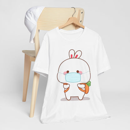 Playful Bunny in Mask T-Shirt – Adorable Carrot-Loving Rabbit Cartoon Design