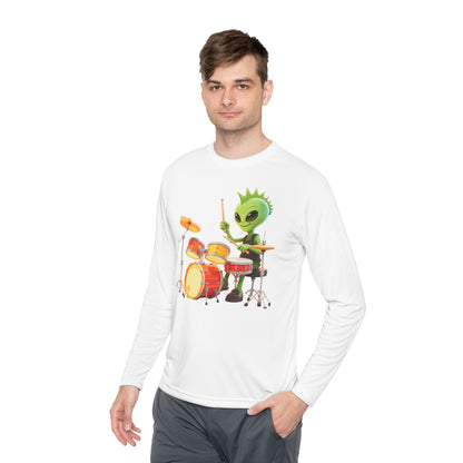 Groovy Alien Drummer Long Sleeve – Cute Green Space Creature Playing Drums Graphic Shirt