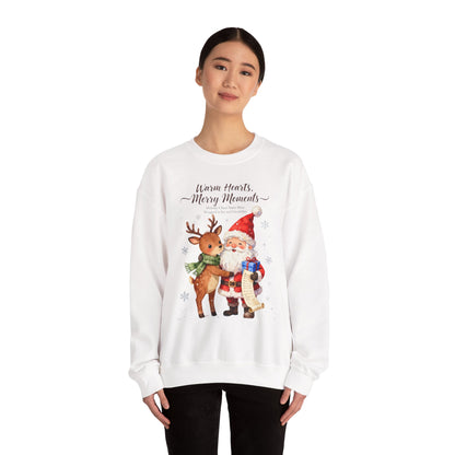 Cozy Christmas Sweatshirt – “Warm Hearts, Merry Moments” Santa & Reindeer Holiday Pullover for Festive Cheer