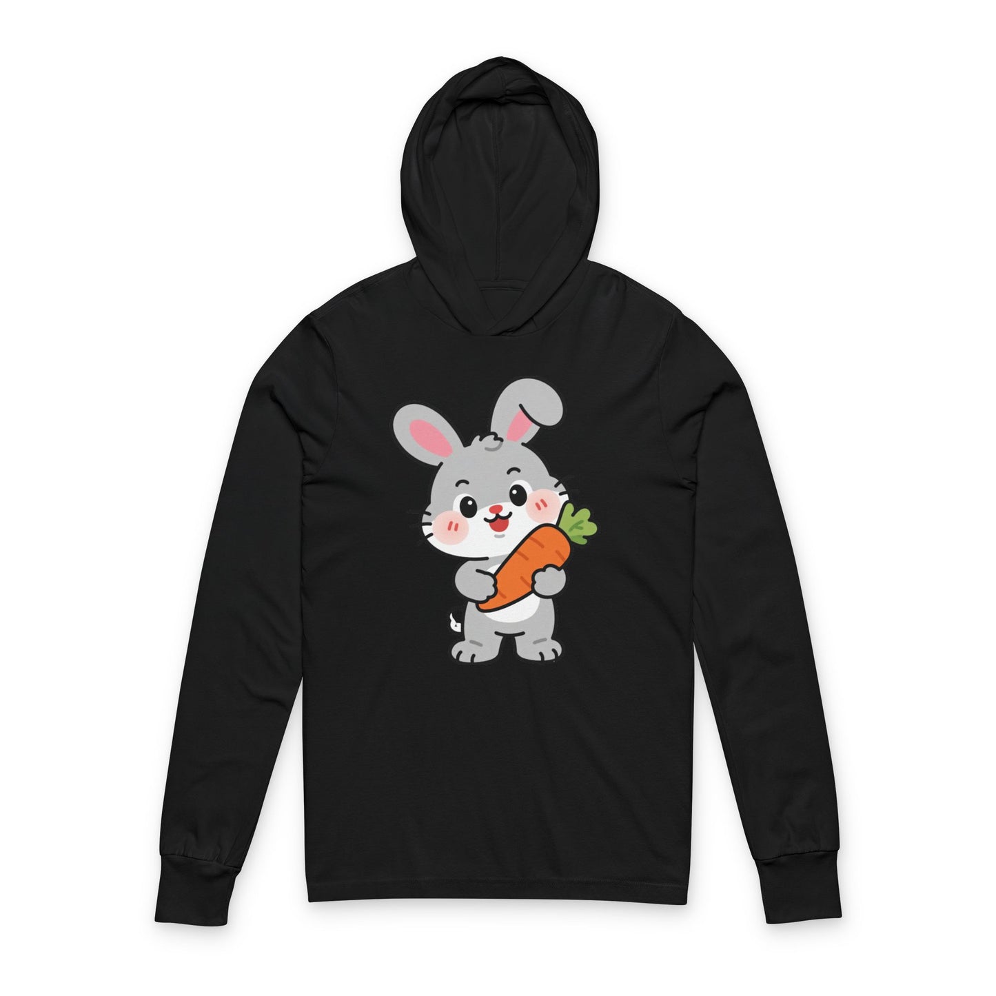 Adorable Bunny Holding Carrot Long Sleeve Hoodie Tee – Soft Cartoon Rabbit Design