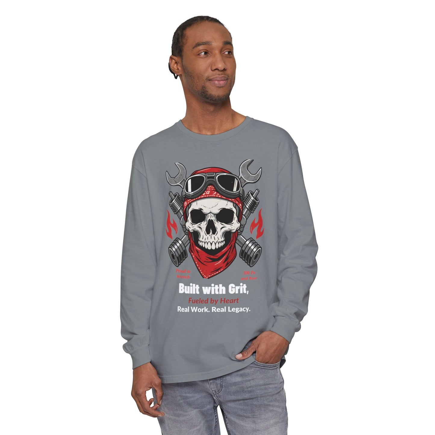 Grease & Glory Long Sleeve Shirt – Gritty Mechanic Skull Graphic Tee for Hardworking Hands