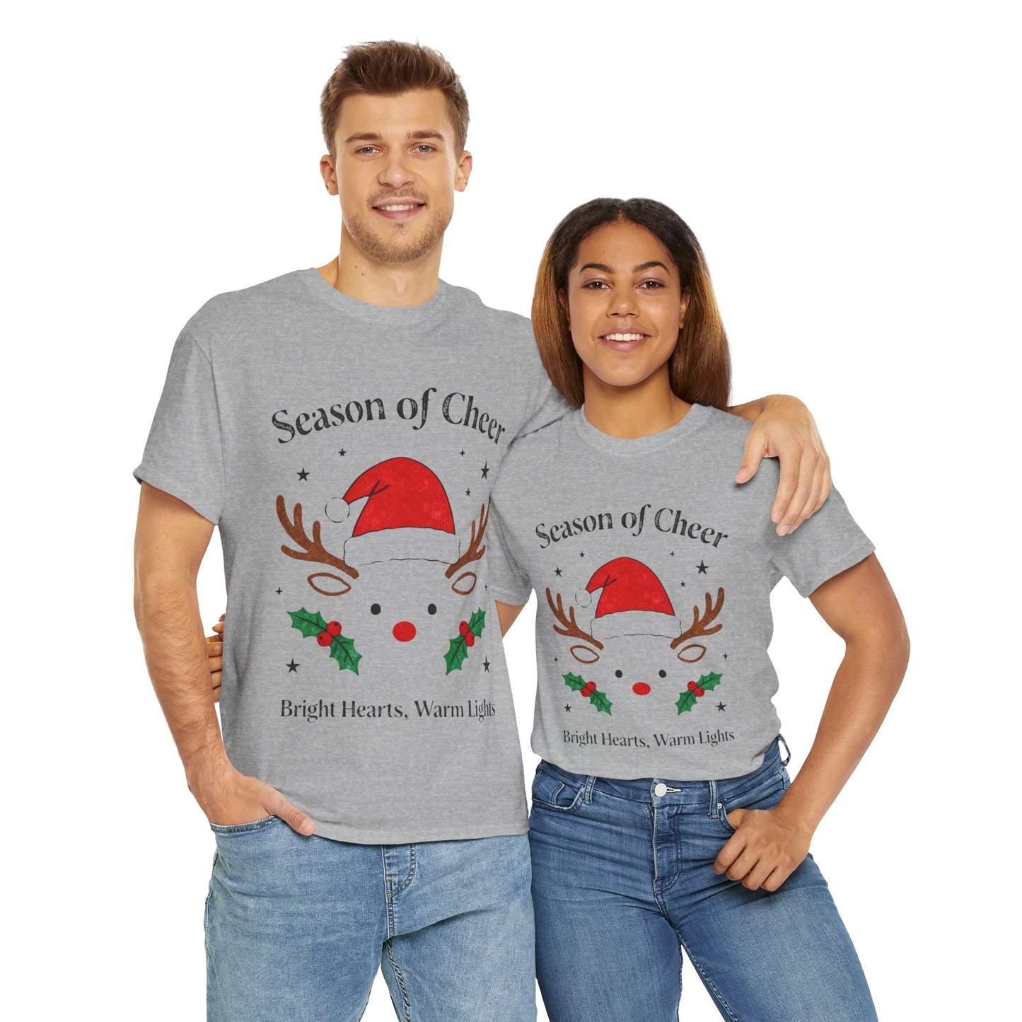 Bright Hearts Reindeer Christmas T-Shirt – Cozy Holiday Gift for Family and Friends