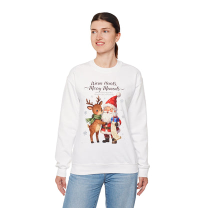 Cozy Christmas Sweatshirt – “Warm Hearts, Merry Moments” Santa & Reindeer Holiday Pullover for Festive Cheer