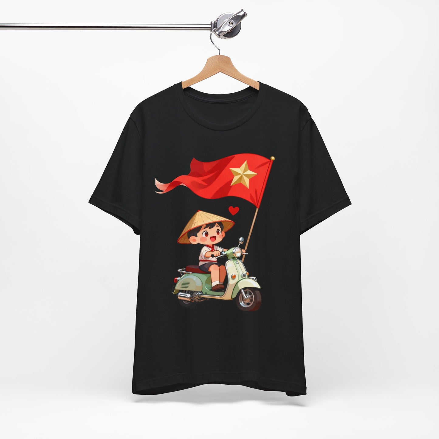 intage Vespa Rider Tee – Adorable Kid & Star Flag Illustration, Travel-Style Vietnam Graphic Shirt