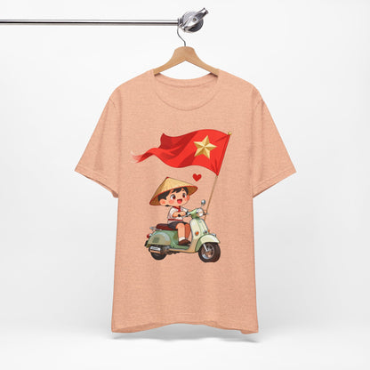 intage Vespa Rider Tee – Adorable Kid & Star Flag Illustration, Travel-Style Vietnam Graphic Shirt