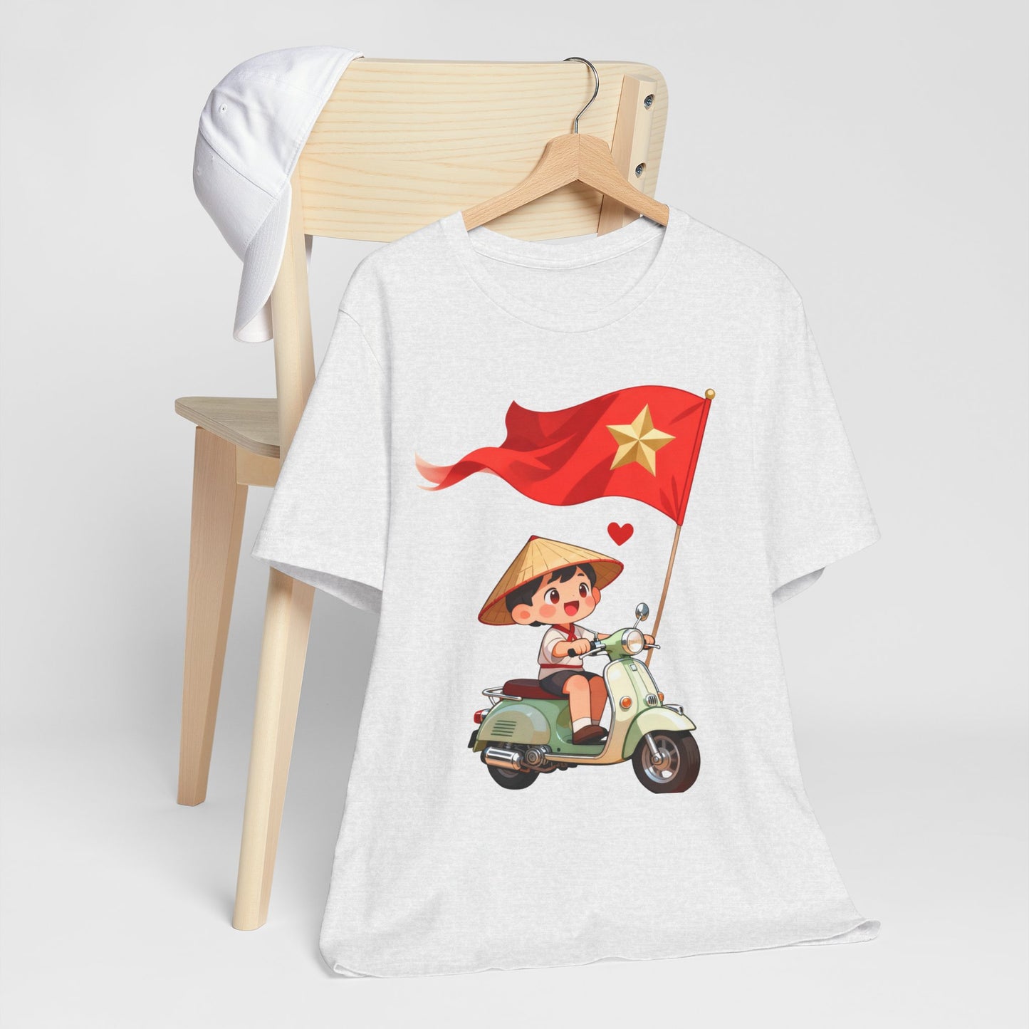 intage Vespa Rider Tee – Adorable Kid & Star Flag Illustration, Travel-Style Vietnam Graphic Shirt