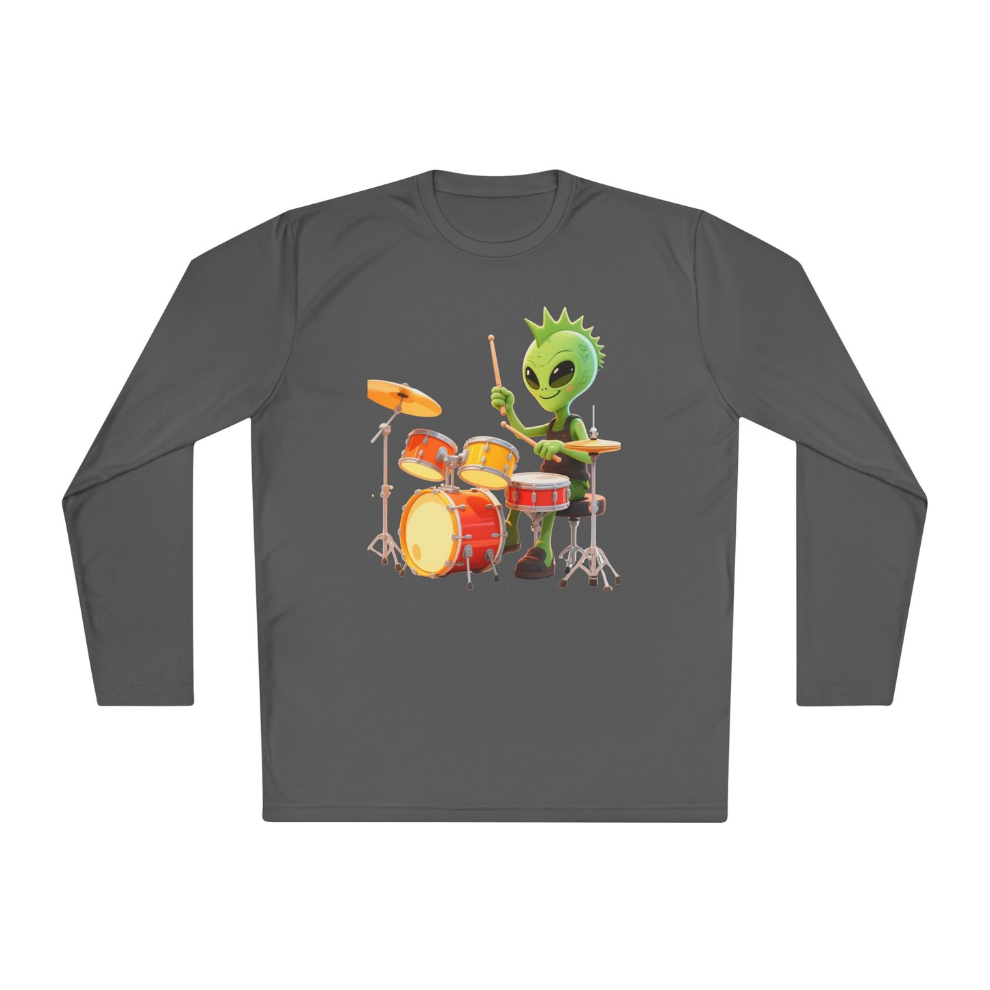 Groovy Alien Drummer Long Sleeve – Cute Green Space Creature Playing Drums Graphic Shirt