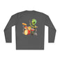 Groovy Alien Drummer Long Sleeve – Cute Green Space Creature Playing Drums Graphic Shirt