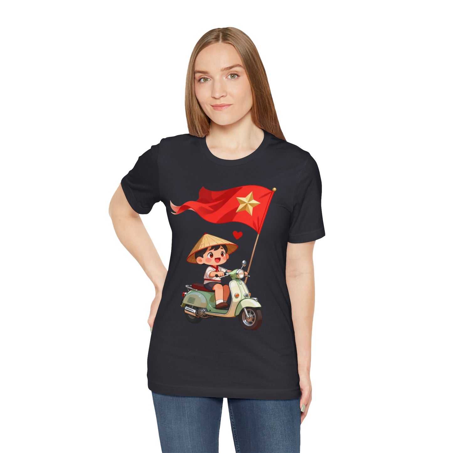 intage Vespa Rider Tee – Adorable Kid & Star Flag Illustration, Travel-Style Vietnam Graphic Shirt